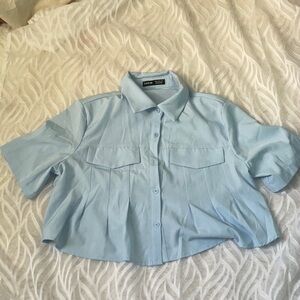 Zara Blue Boxy Crop Button Down Shirt